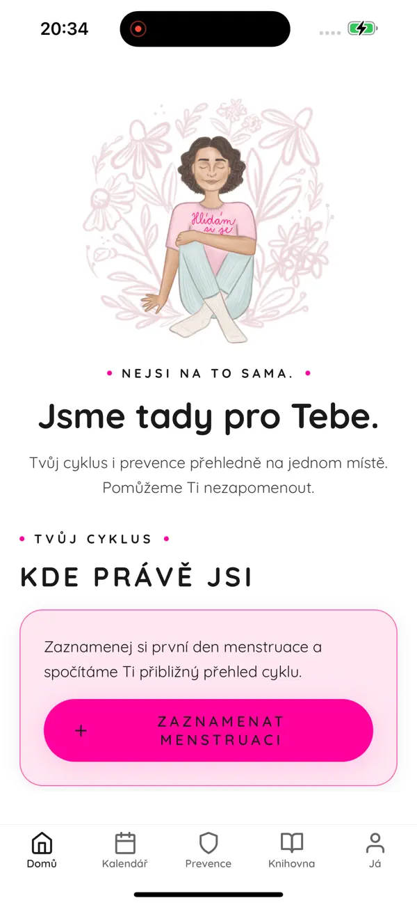 Úvodní obrazovka Hlídej si je s přehledem cyklu a záznamem menstruace